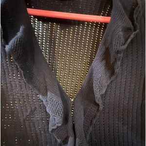 Chaps Navy Cardigan with ruffle detail and hook & eye clasps.